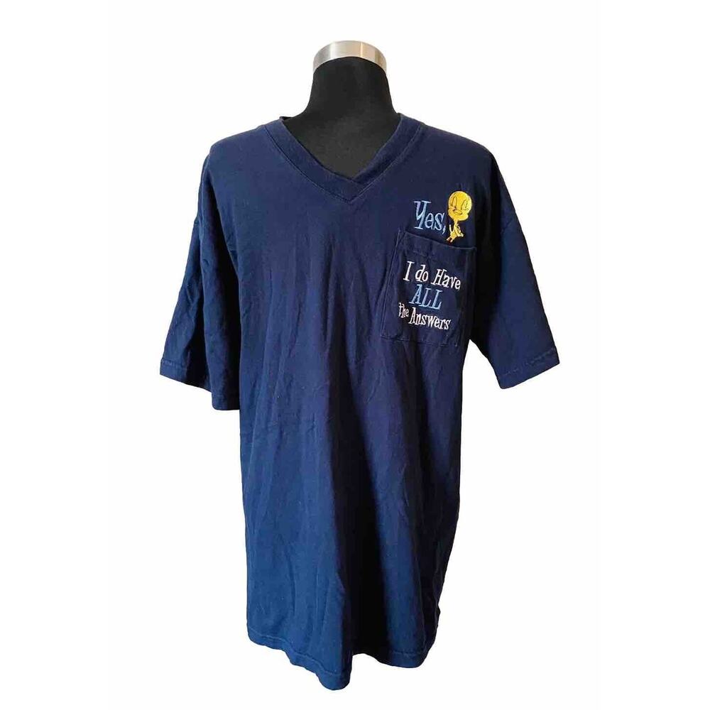 Looney Tunes Tweety Bird Embroidered Pocket V Neck T-Shirt Sleep Shirt Large
